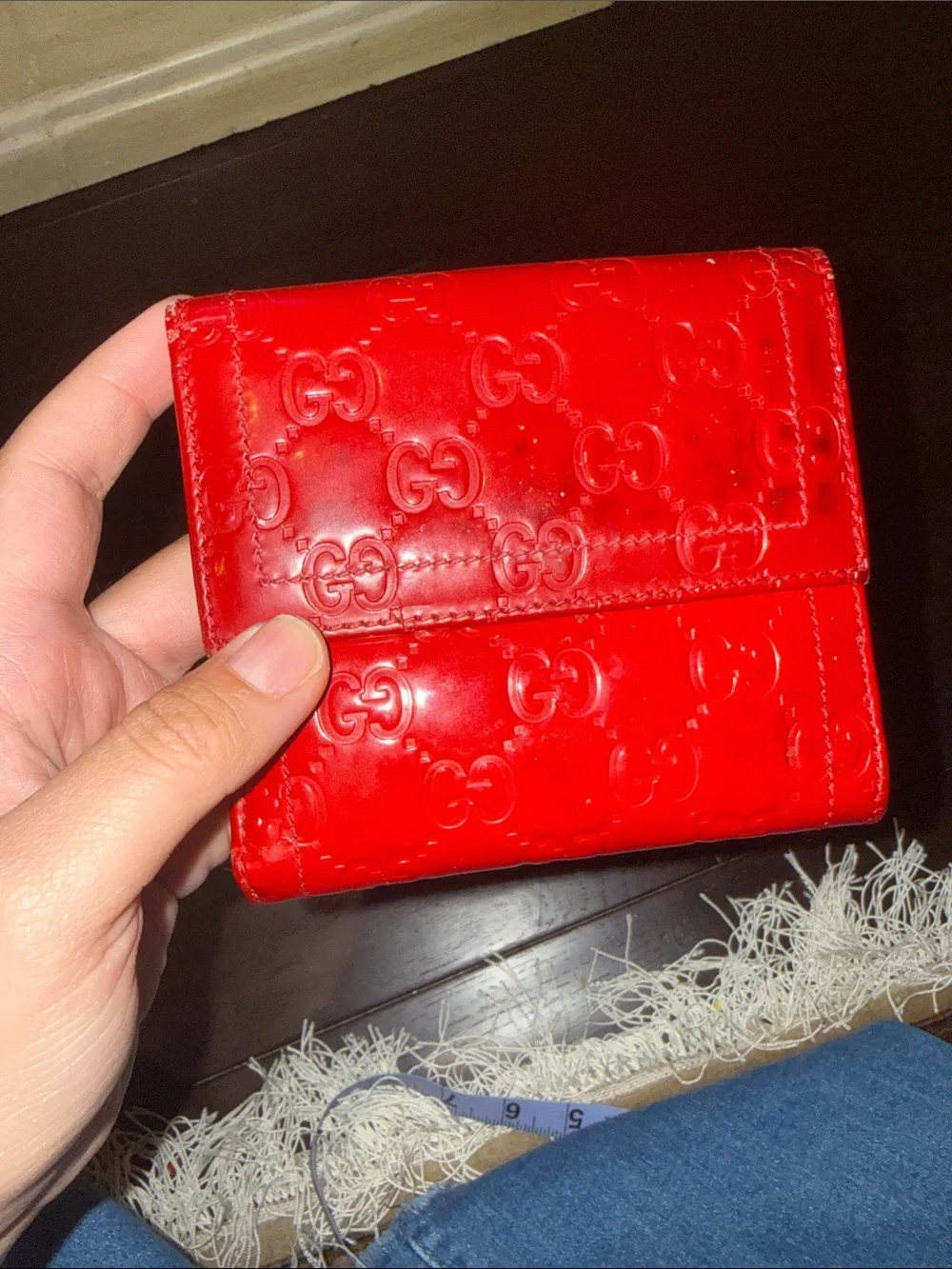 Gucci Red Patent Embossed Compact Wallet with Gold-Tone Medallion Vintage